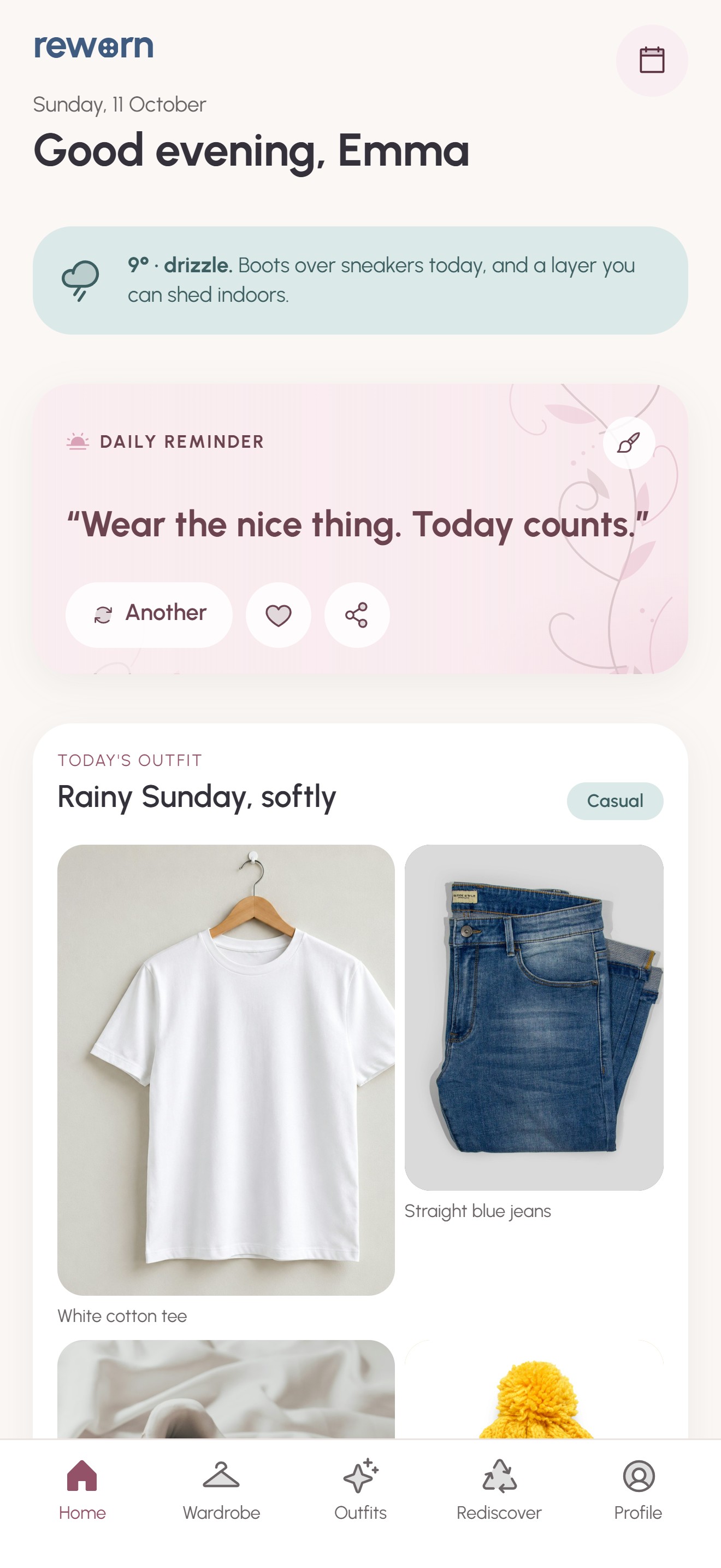 Reworn home screen with today's weather and an outfit suggestion