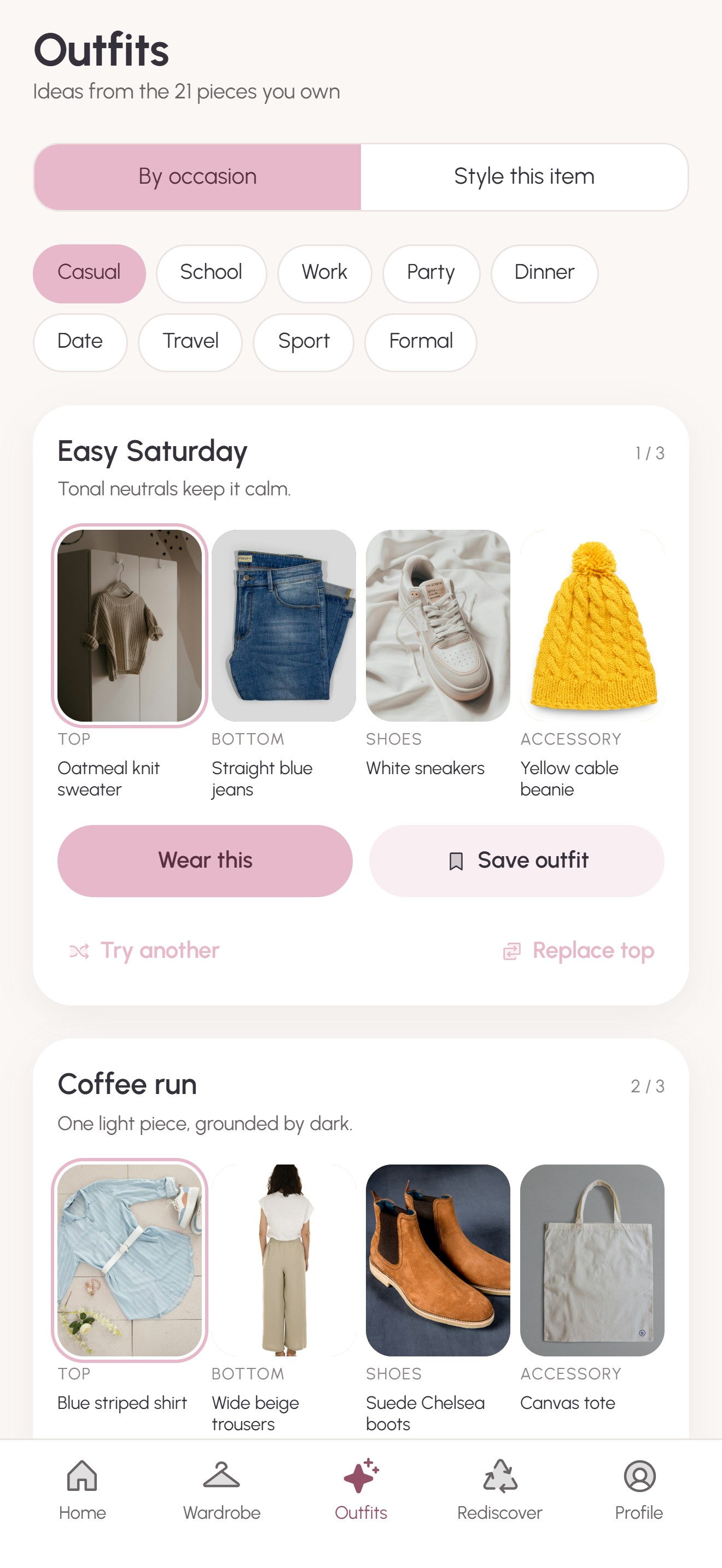 Outfit ideas built from your own clothes