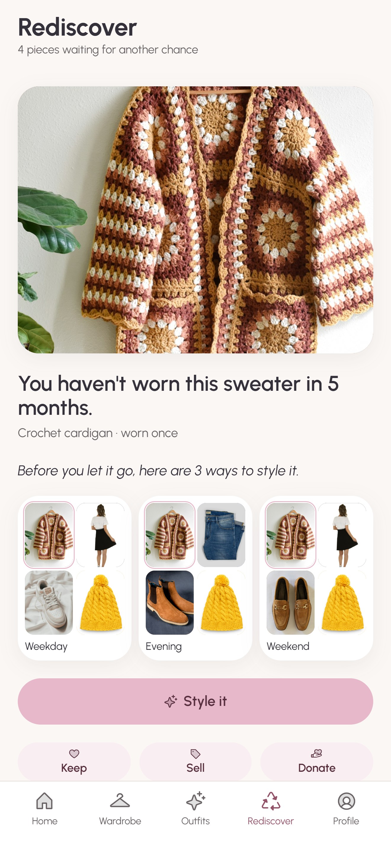 Rediscover screen showing pieces you haven't worn lately